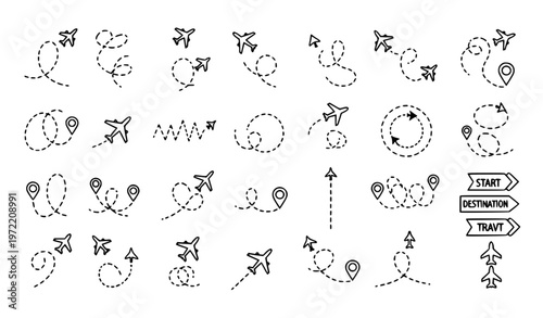 Airplane dashed route paths vector set doodle flight lines travel navigation trajectories with jet silhouettes