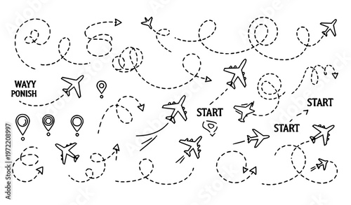 Airplane dotted flight paths vector set dashed travel routes jet silhouettes navigation trajectories