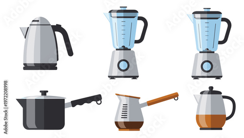 Modern kitchen appliances and coffee equipment icons including a blender, kettle, and pot set on a plain background for home design.