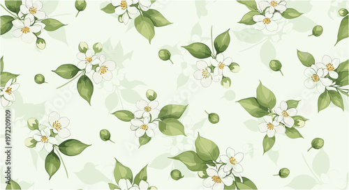 Seamless pattern with white flowers and green leaves on light green background wallpaper vector.