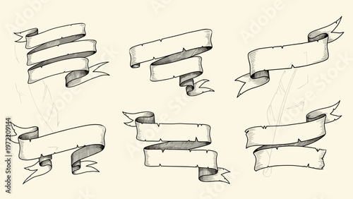 Vintage illustration of several empty parchment ribbon banners with hand drawn textures for decorative headings and antique labels.