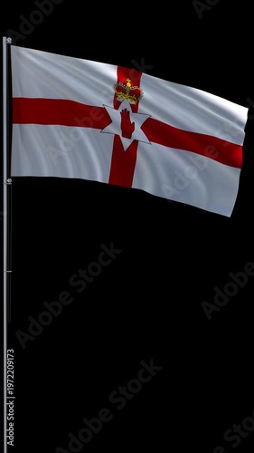 Northern Ireland flag waving on metal flagpole, vertical video with transparent background and alpha channel, seamless loop 3D rendering 4K