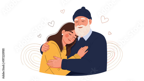 Heartwarming illustration of a young woman hugging her elderly grandfather showing family affection and intergenerational bonds.
