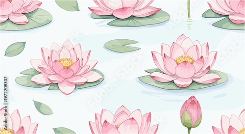 Serene water lily and lotus flower pattern floating on light blue pond surface for zen backgrounds.