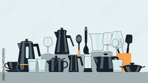 Dark grey kitchenware and coffee preparation tools including pots, glasses, and utensils on a modern minimalist counter.