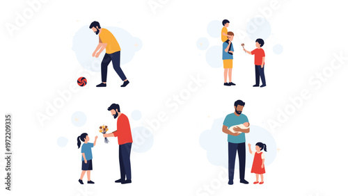 Collection of fatherhood scenes showing a dad playing football, carrying a child, and holding a newborn baby with his daughter.
