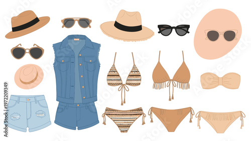 Summer fashion flat lay featuring denim clothing, various stylish sunglasses, woven straw hats, and bikini sets for a beach holiday.