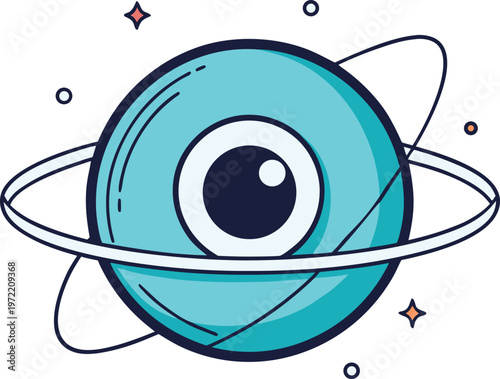 blue eye shaped as planet with rings and stars symbolizing cosmic vision awareness observation imagination