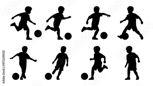 little boy playing soccer silhouette set, child football player action vector silhouettes, kids soccer training and kicking ball silhouettes, active youth football player silhouette collection