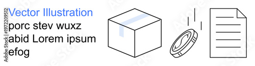 Business concepts, finance, digital transactions, packaging, documentation, organization. Minimalist cube, falling coin and document symbols. Finance and business concepts ion