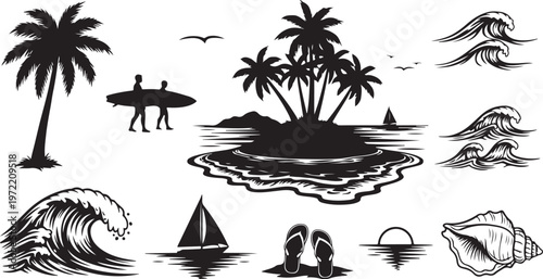 Black and white tropical island beach scene with palm trees and surfers