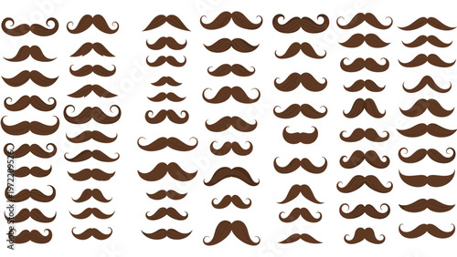 Variety of stylish brown mustaches in different shapes and sizes are presented in a clean layout for grooming and fashion design concepts.