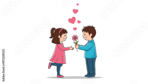 Young boy offers a beautiful pink flower to a smiling girl in a sweet romantic scene decorated with floating heart symbols of childhood love.