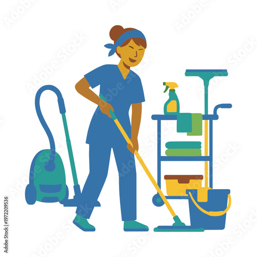 A woman in blue scrubs is cleaning with a mop and cart