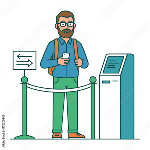 Man stands with backpack checking ticket near kiosk and directional sign