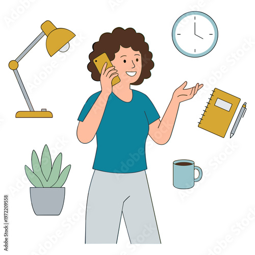A woman talks on phone at office desk with clock notebook lamp plant mug