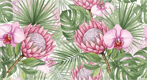Tropical protea and orchid flower seamless pattern with monstera and palm leaves for exotic decoration.