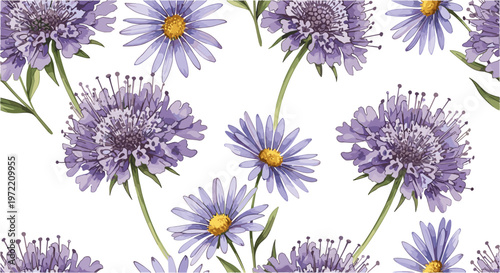 Vibrant purple asters and daisies, detailed floral pattern, lively garden illustration.