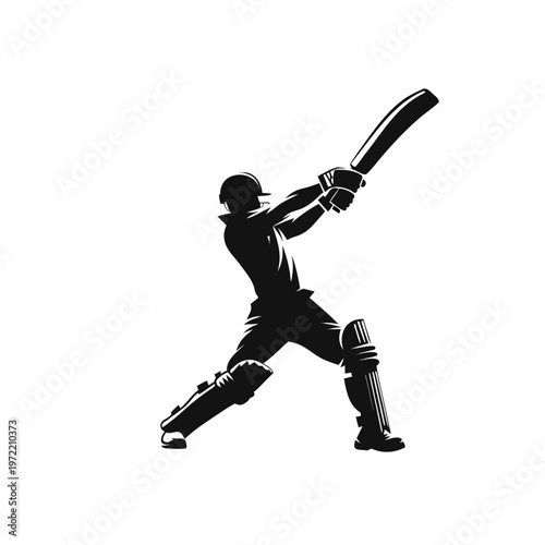 Cricket player silhouette hitting ball with bat, professional batsman action pose vector, black and white sports athlete graphic for logo design