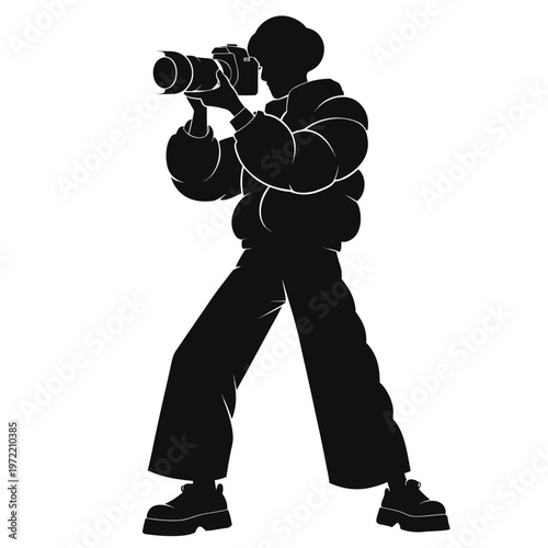 Professional photographer silhouette holding digital camera, person taking photo in puffer jacket, black and white vector illustration of paparazzi