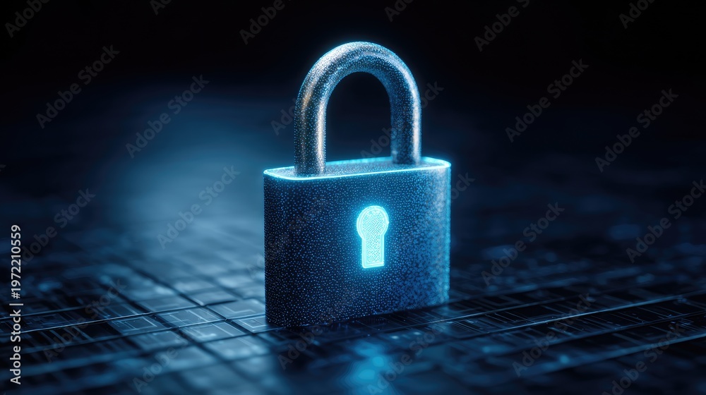 Fototapeta premium Blue Digital Padlock with Glowing Keyhole on Dark Background for Cybersecurity and Privacy Concepts