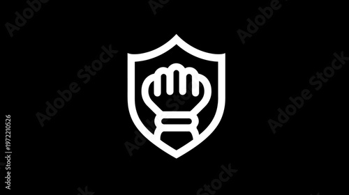 A white fist inside a white shield on a black background. Minimalist and symbolic design