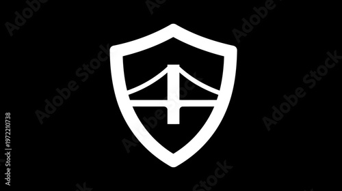 White bridge silhouette inside a shield on black background. Simple, minimalist logo concept