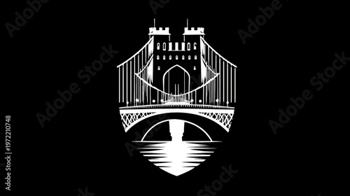 A stark white, architectural illustration of a bridge and its watery reflection on a black backdrop
