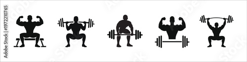 Bodybuilding Silhouette Icon Set, Six Weightlifting Gym Figures with Dumbbells and Barbells, Black Vector Isolated on White Background