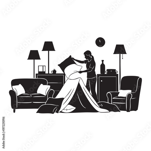 Person setting up tent indoors among living room furniture for a cozy camping at home experience