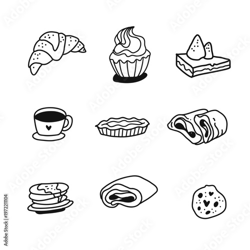 Cute coffee and dessert doodle line art vector. Hand-drawn cozy cafe illustration for stickers, menus, cards, and sweet bakery designs.