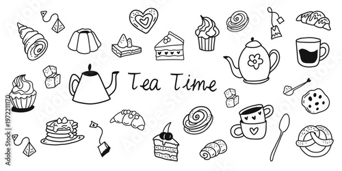 Cute tea desserts and bakery doodle line art vector. Hand-drawn cozy cafe illustration for stickers, menus, cards, and sweet designs.