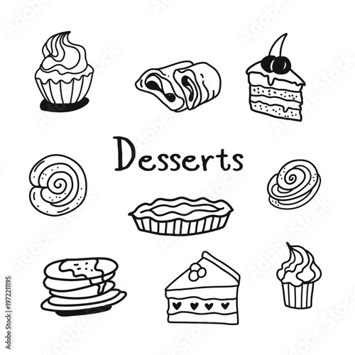 Cute coffee, desserts and bakery doodle line art vector. Hand-drawn cozy cafe illustration for stickers, menus, cards, and sweet designs.