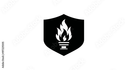 A black and white shield design featuring a torch with flames against a white background