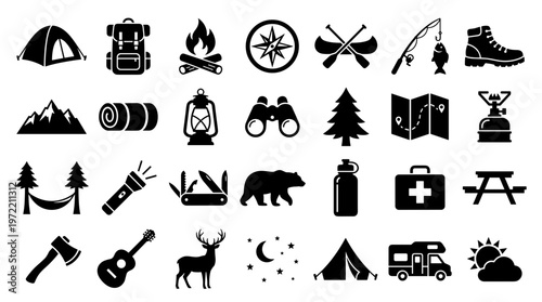 Collection of camping and outdoor adventure icons representing travel gear, nature, and recreational activities for exploration and leisure