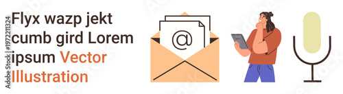 Digital communication, online messaging, podcasting, content creation, email marketing, media interaction. An envelope, microphone and person holding a tablet. Digital communication and online