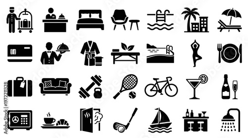 Collection of hotel and travel icons representing services and amenities for vacation and business trips
