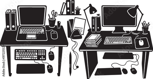 Cluttered office desks with computers and office supplies in black and white
