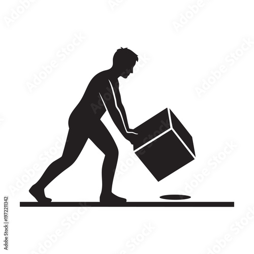 Silhouette man pushing a square peg into a round hole representing problem solving innovation adapting to challenges business strategy vector illustration