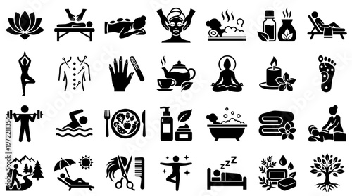 Collection of Icons Representing Wellness, Health, Fitness, Relaxation, and Lifestyle Activities