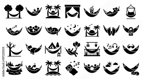 Collection of Hammock Icons Representing Relaxation Travel and Outdoor Activities Diverse Scenes of People and Animals Enjoying Leisure Time in Hammocks