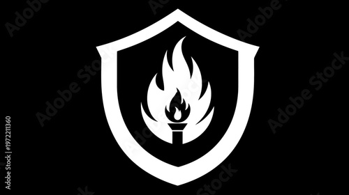 Black and white image depicts a shield with a stylized flame icon at its center