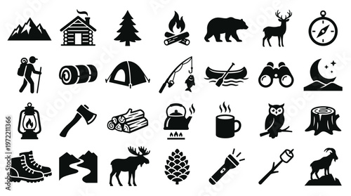 Collection of outdoor adventure and camping icons representing nature hiking wildlife and exploration activities