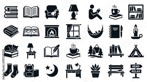 Cozy reading icons collection symbolizing relaxation comfort and hobbies like books blankets fireplace and warm drinks for leisure time and home activities