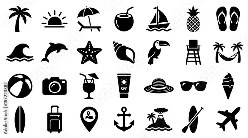 Collection of summer vacation icons representing travel leisure and beach activities including palm trees sun ocean waves and tropical elements