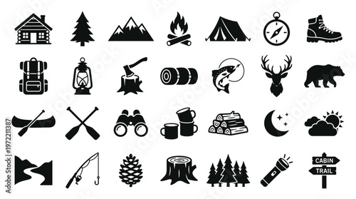 Collection of Outdoor Adventure and Camping Icons Representing Nature Activities and Wilderness Exploration