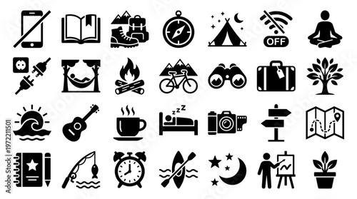 Collection of icons representing outdoor activities travel and leisure hobbies and lifestyle concepts for web and graphic design