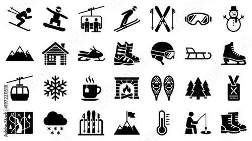 Collection of winter sports and activities icons including skiing snowboarding snowmobile ski lift and snowman representing cold weather recreation and outdoor fun