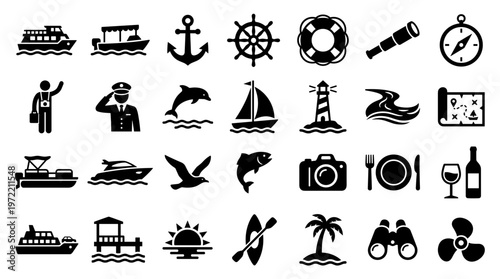 Nautical icons set featuring boats, marine life, navigation tools, and beach elements for sea travel and vacation themes
