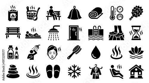 Collection of black and white icons representing spa and wellness treatments including sauna, massage, and relaxation.